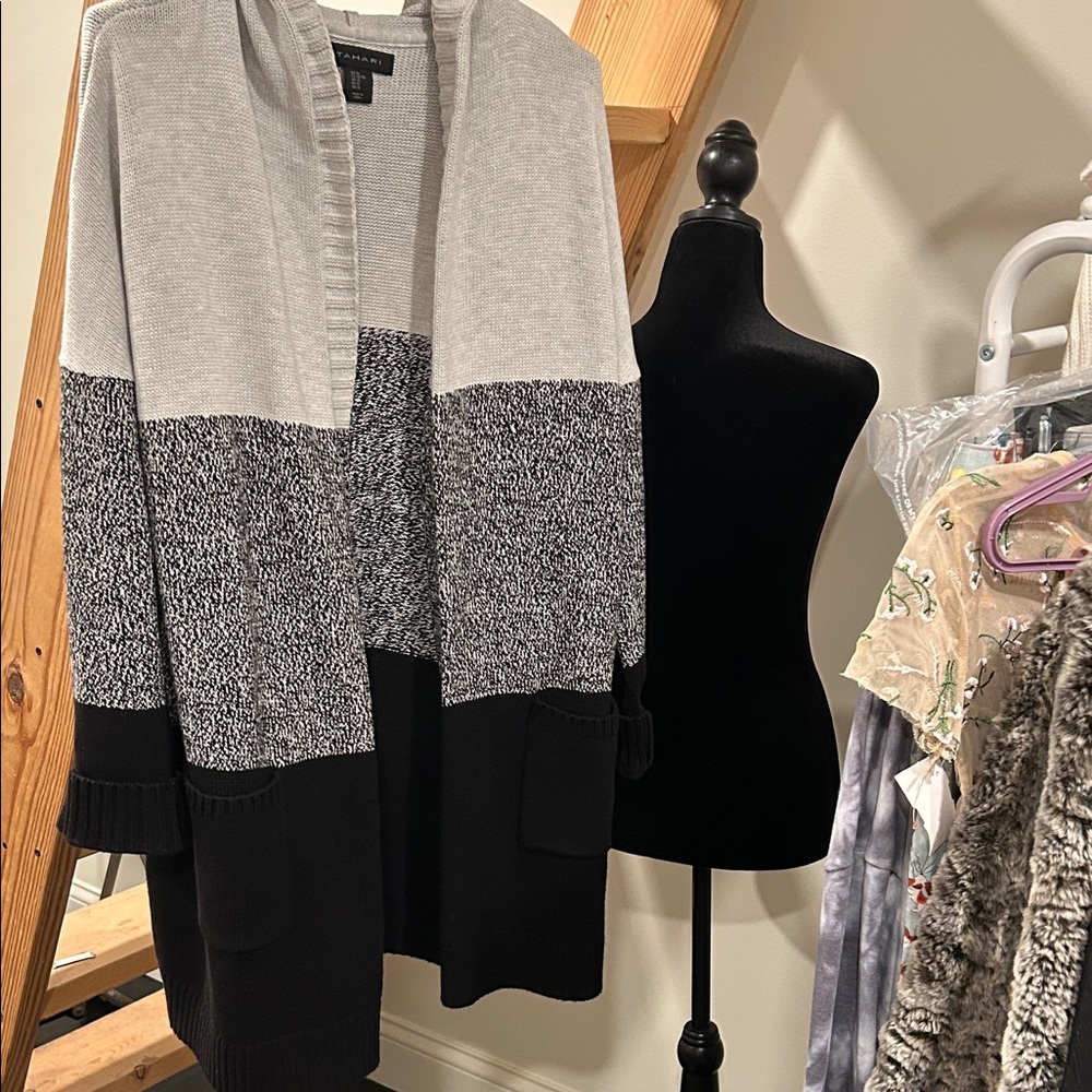 Tahari Black and Gray Colorblock Cardigan